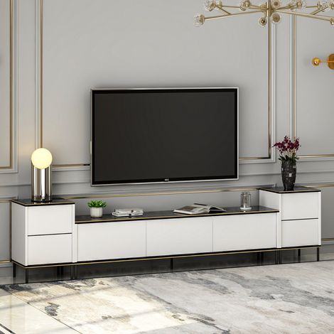 TV-Schrank Cortin, 2 Regale, 5 Türen, mit Goldakzenten, 260x35x45h cm Weiß (1/5)