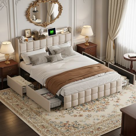 lit double 140x200 cm 4 tiroirs, lit adulte avec sommier, avec tête de lit, éclairage LED - style nordique - beige (1/5)