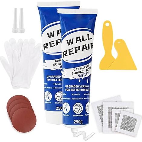 Wall Repair Cream, 500 g Wall Paste Sealer, 4 Drywall Patches, 4 Sandpapers, Effectively Repairs Scratches, Holes, Cracks, Graffiti on Walls (1/5)