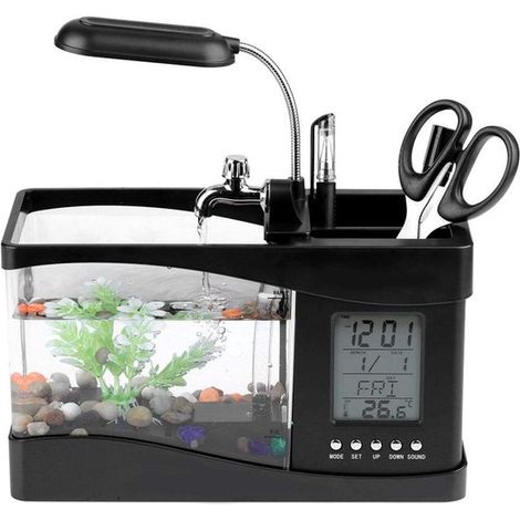 Petit aquarium - Aquarium avec éclairage LED - Mini aquarium multifonctionnel 1400 ml - Fonction chargement USB et horloge - Porte-stylo et galets inclus - Décoration de bureau en forme d'aquarium - N