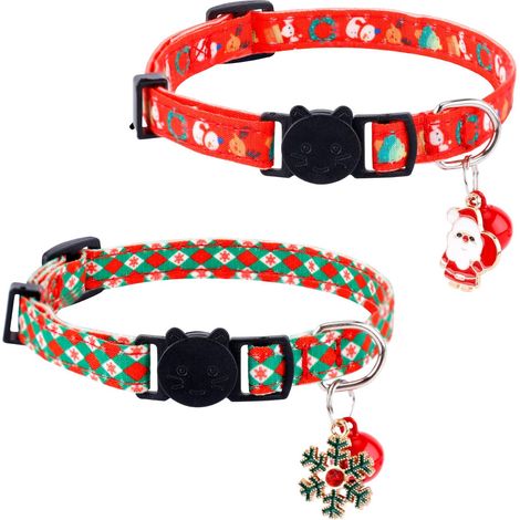 Dos collares navideños para gatos, cada uno decorado con una campanita, Papá Noel y un copo de nieve. Estos collares, extraíbles y ajustables, son perfectos para gatitos y cachorros, y el accesorio id