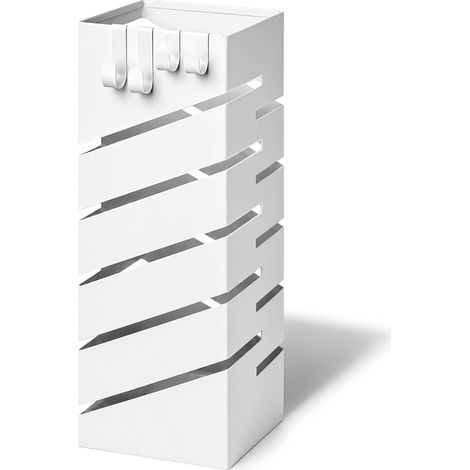 VOUNOT® Paragüero Metálico Soporte de Paraguas Portaparaguas con Bandeja de Goteo Extraíble y Ganchos Recipiente para Paraguas Patrón Diagonal 15.5x15.5x43.5cm Blanco (1/5)