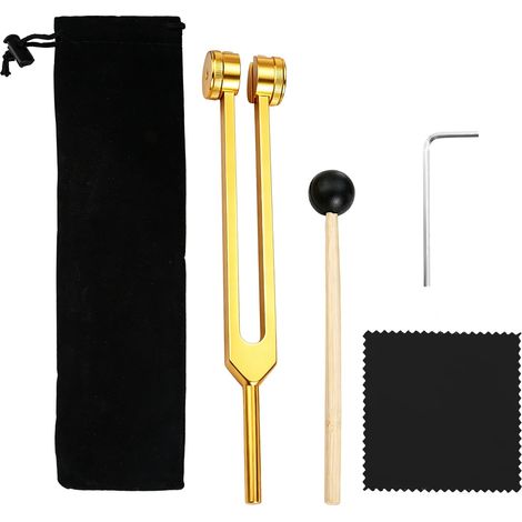 Lot de 5 fourches d'accordage thérapeutiques dorées 128 Hz avec batte Ensemble avec marteau en silicone, fourche d'accordage en alliage d'aluminium, sac et chiffon de nettoyage, relaxation (1/5)