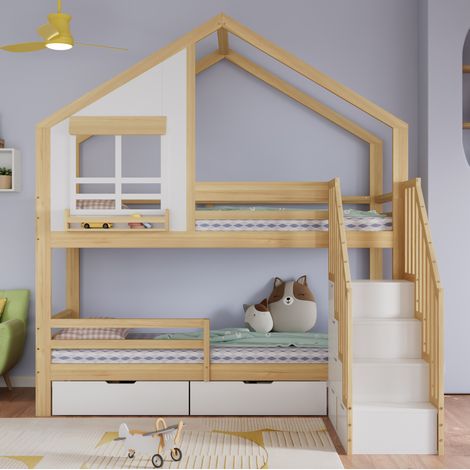 Letto a castello per bambini 204.5x192.5x234 cm, con 2 cassetti e scala contenitore, pino e MDF, bianco e naturale (1/5)