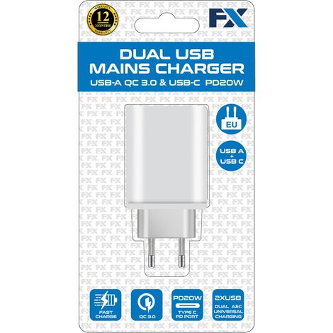 FX Dual EU Main Charger USB-C and USB-A, White (1/3)