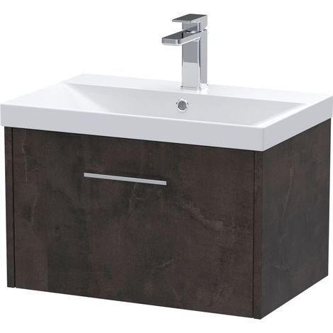 Winshill Contemporary 1 Drawer Wall Hung Vanity Unit with Thin Edge Basin, Metallic Slate, 600mm