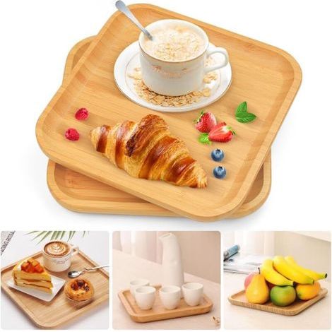 2 PCS Plateau en Bambou Carré 20 20cm Soucoupes Bois de Rangement Plateau de Service en Bambou Plateau Repas en Bois pour Fruits Steak, Nourriture, Pots, Plantes, Repas, Café, Pain(Carré) (1/4)