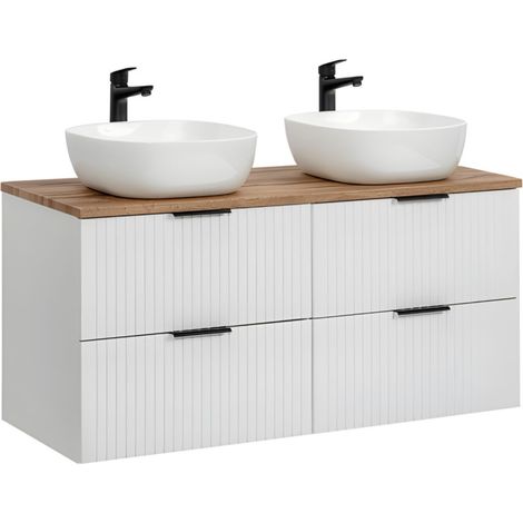 Conjunto de baño NOXERA 120 cm – Blanco mate y roble – 2 lavabos redondos sobre encimera