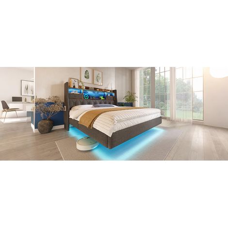 Bett Doppelbett Stauraum 160x200 LED Leinen Grau OKMYHOME (1/5)