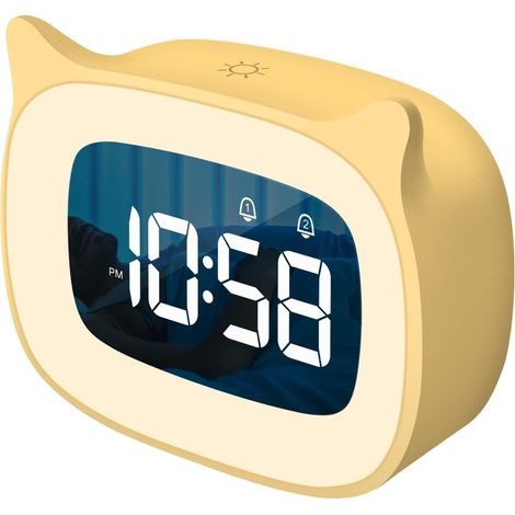 Kinderwecker mit Nachtlicht und 18 Glockenspielen, wiederaufladbare süße Katzenohruhr für Jungen und Mädchen, Geburtstagsgeschenk, Digitaluhr für Kinderzimmer (gelb)