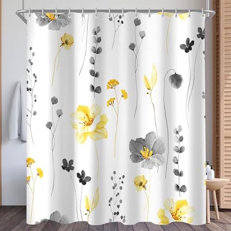 Rideau de douche Lerores - 180 x 200 cm - Jaune & gris fleurs - Ourlet lesté - Anti-moisissure - Repousse l'eau - Lavable - Polyester - Rideaux de bain avec 12 œillets et tringles pour salle de bain (1/4)