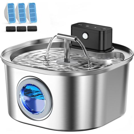 Fontaine pour Chat en Acier Inoxydable avec 3 Modes de Fonctionnement - Fontaine sans Fil de 3,2 l pour Chat - Pompe Ultra silencieuse et Design à Double buse - avec 3 Jeux de filtres (1/5)