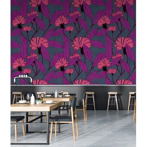 Papier peint panoramique bleu, rose & violet 3d Tapisserie panoramique florale salle à manger Papier peint panoramique restaurant à motifs fleurs (1/3)