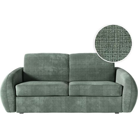 Canapé LOUKA convertible 3 places couchage quotidien 140x190cm matelas 13cm tissu chenille vert