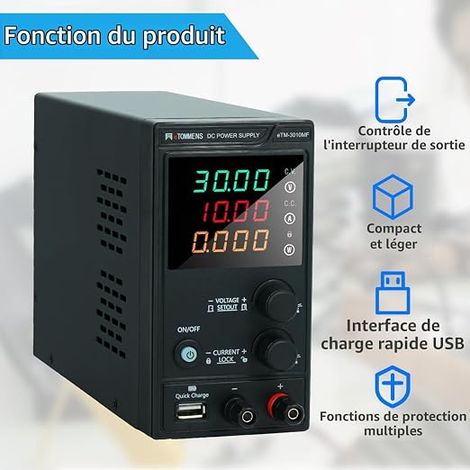Adjustable Variable DC Power Supply, 0-30V 0-10A, Switching Regulated Lab Power Supply, 4 Digital LED Display, 5V/2A USB Port, Fine and Coarse Adjustment (1/4)