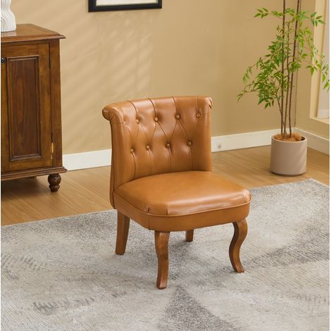 Fauteuil marron clair en cuir véritable et bois massif avec dossier capitonné (1/5)