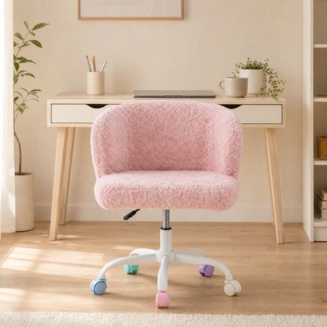 Chaise de bureau, en fausse fourrure, pivotante, réglable en hauteur, avec accoudoirs, rose (1/5)