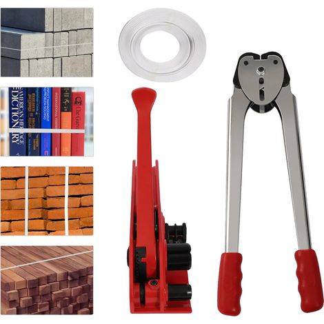 Kit de herramientas para flejado, fuerza de tensión máxima de 1000 N, resistencia a la rotura de hasta 40 kg, compatibilidad con anchos de fleje de 12 mm a 19 mm, construcción duradera de aluminio fun (1/5)