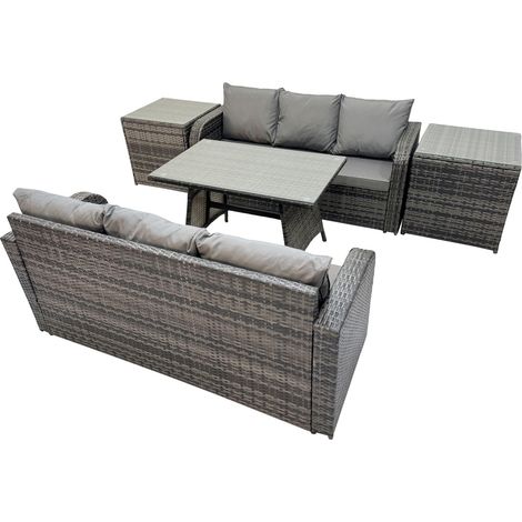 Fimous Garden Rattan Outdoor Furniture Set 6 Seater with 3 Seater Sofa 2 Side Table Dark Grey (1/5)