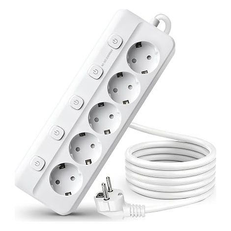 Multiprise commutable individuellement, multiprise 5 prises avec 5 interrupteurs indépendants, 2500 W, rallonge de 1,8 m, protection enfant, prise pour bureau et bureau à domicile, blanc (1/5)