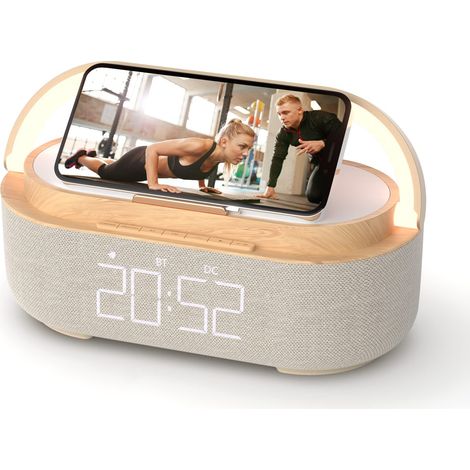 Radio FM Réveil Matin Digital avec Chargement sans Fil, Multifonctionnel avec Port de Chargement USB, Enceinte Bluetooth, Affichage LED, Lampe avec Support de Téléphone Portable, M (1/5)