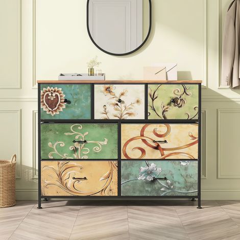 Commode 7 tiroirs, tiroirs tissu, cadre mĂ©tallique, imprimĂ©s floraux colorĂ©s, style rĂ©tro, meuble de rangement pour chambre et salon, Multicouleur (1/5)