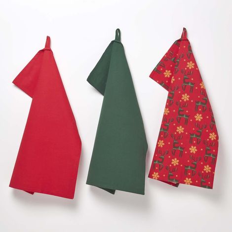 HOMESCAPES Lot de 3 Torchons de Noël Rennes Rouge en coton (1/5)