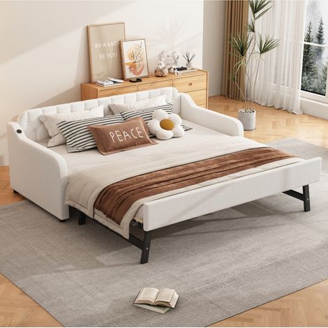 Canapé-lit simple 90x200 convertible avec lit gigogne intégré, port USB et structure de repos, beige (sans Matelas) (1/5)