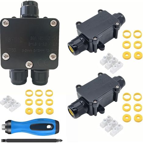 Boîte de dérivation étanche IP68, 2 Pièces 2 Voies Boîte de Jonction étanche et 1 Pièces 3 voies Etanche Boîte de Jonction, Boîtier électrique de Câbles pour Câble Ø 4-15mm-Noir