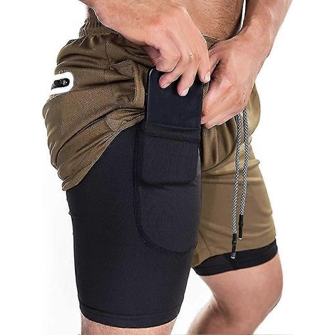 Short de sport 2 en 1 pour homme, idéal pour la course, la salle de sport et l'entraînement. Séchage rapide.-L-Khaki