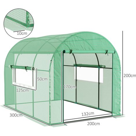 Serre tunnel de 3 x 2 x 2 m en acier et polyéthylène résistant aux UV (pour la culture de légumes, avec volets roulants et fenêtres), verte (1/5)