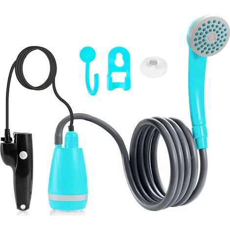 (Bleu sans seau) Kit de douche de camping portable d'extérieur avec débit d'eau de 2,5 à 3,5 L/min, tuyau de 2 m, chargement USB, autonomie de 30 à 60 min. (1/4)