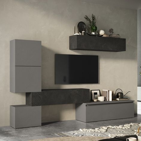 Moderne TV-Wohnwand hängende Möbel Holz grau schwarz Infinity 16 - Schwarz - Grau