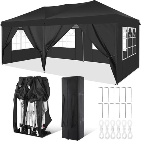 Tonnelle Pliante de Jardin 3x6M Imperméable Anti-UV Réglable, Barnum pliant avec 6 parois latérales et sac de transport pour mariage extérieur, pique-nique,camping, marché Noir