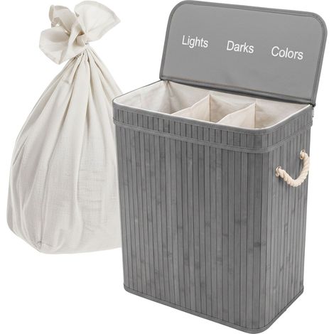 Relaxdays laundry basket with lid, 3 compartments, bamboo, 105 l, foldable, HxWxD: 63 x 52 x 32 cm, sorting system, grey