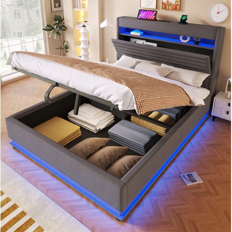 letto contenitore 140x200 ricarica USB LED grigio lino OKMYHOME (1/5)
