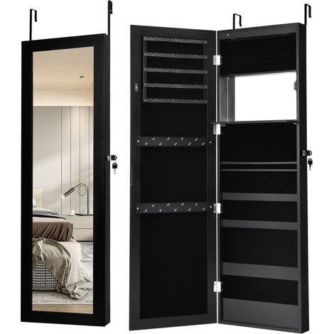 Mobiletto portagioie da parete con specchio 37 x 9 x 119 cm con illuminazione a LED e moderna serratura a chiave in MDF nero 200010340