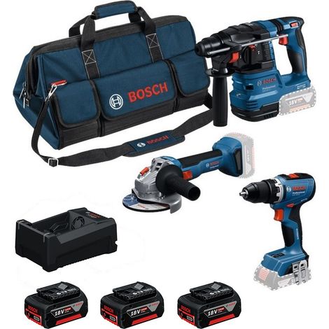 Bosch – Pack de 3 outils électroportatifs 18V – Perceuse-visseuse, marteau perforateur, meuleuse – 3 batteries 5.0Ah – Chargeur multi-voltage – Sacoche de transport (1/5)