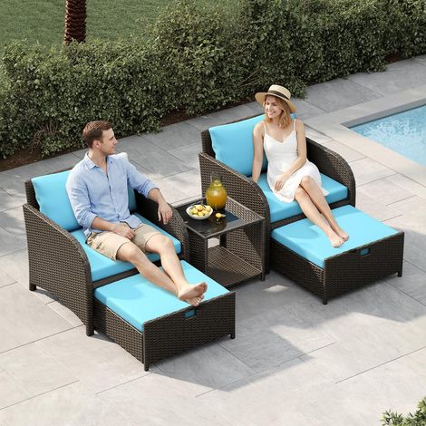 salon de jardin 5 pièces en résine tressée PE, 2 fauteuils + 2 poufs gigognes + table basse rangement, plateau verre trempé, coussins épais – balcon/terrasse Bleu (1/5)