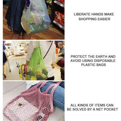 Sac en filet à cordon, cabas tissé réutilisable pour le rangement des fruits et légumes. (1/3)