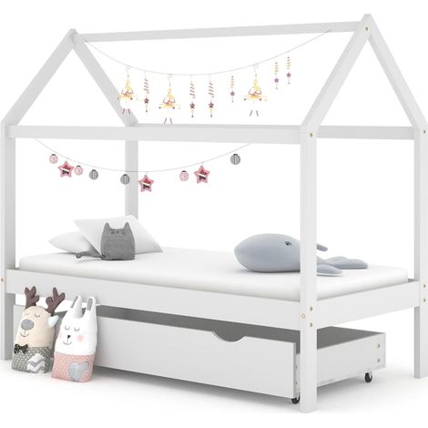 Lit cabane-80 x 160 cm, Cadre de lit d'enfant avec un tiroir Blanc Pin massif PDKEI47250 (1/5)