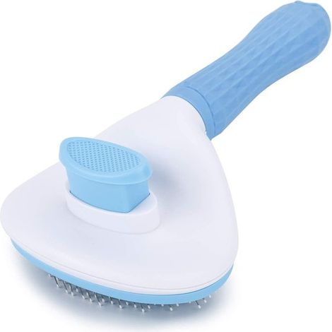 Spazzola autopulente blu per la toelettatura di cani, gatti e conigli. Rimuove facilmente il sottopelo morto. Massaggiatore per animali domestici. (1/5)