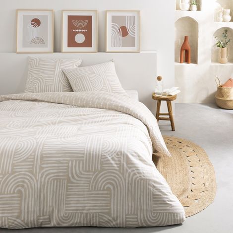 Parure de lit 2 personnes en coton 57 fils – Imprimé géométrique beige – Dimensions 240x220cm – 2 taies d'oreiller 63x63cm – Future Home