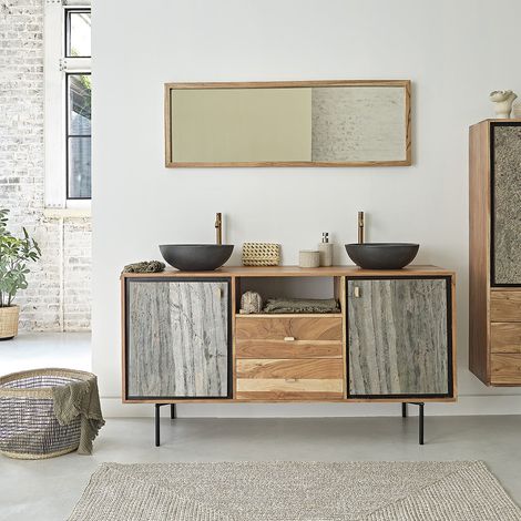 Berah Getah – Meuble double vasque en acacia massif et pierre naturelle 155 cm – Largeur 155 cm – Hauteur 80 cm – Profondeur 50 cm – Montage pieds à assembler (1/5)