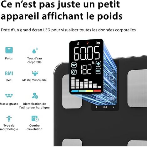 Pèse Personne – Impédancemètre 15 Données : IMC, Masse Grasse, Musculaire, Viscérale, Osseuse – Bluetooth – Synchronisation Santé – Verre Trempé – 180kg (NOIR) (1/3)