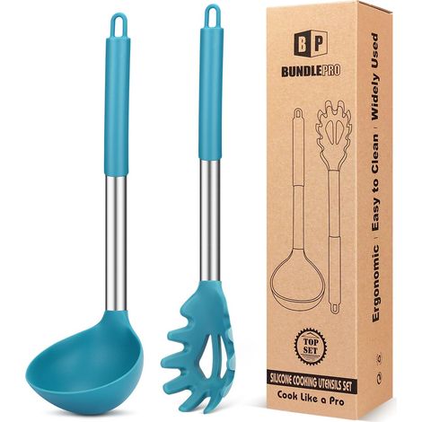 Lot de 2 louches à soupe et cuillères à pâtes en silicone, bleu (1/5)