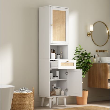 Meuble de salle de bain haut 40 x 30 x 166 cm blanc, tiroir, portes réversibles HAVRYA (1/5)