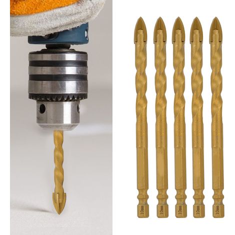Lot de 5 forets de 10 mm pour verre, forets en céramique titane, forets en croix pour carrelage et béton, couleur cuivre. (1/5)