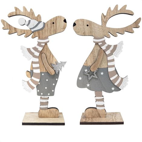 2X présentoirs décoratifs pour Noël - Rennes en Bois à Poser - présentoirs de Noël à décorer et à Offrir (Rennes XXL - Bleu + Argent) (1/5)