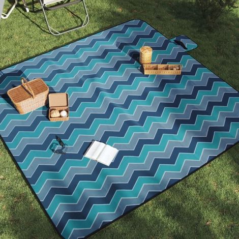 Manta de picnic plegable azul con estampado de olas, 200x200cm, terciopelo (1/5)